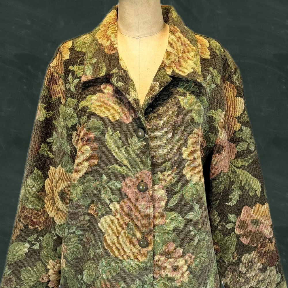 VINTAGE tapestry cottage flower garden blazer woven jacket Victorian English 90s